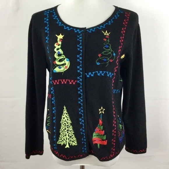 Erma's Closet Black Cotton Knit Christmas Holiday Sweater Cardigan Jacket Size S - Picture 1 of 14